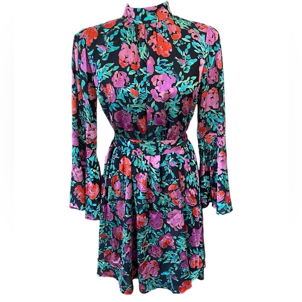 Forever Unique Brocade Floral Vibrant Mini Dress with Mock Neck Bell Sleeve- 6‎